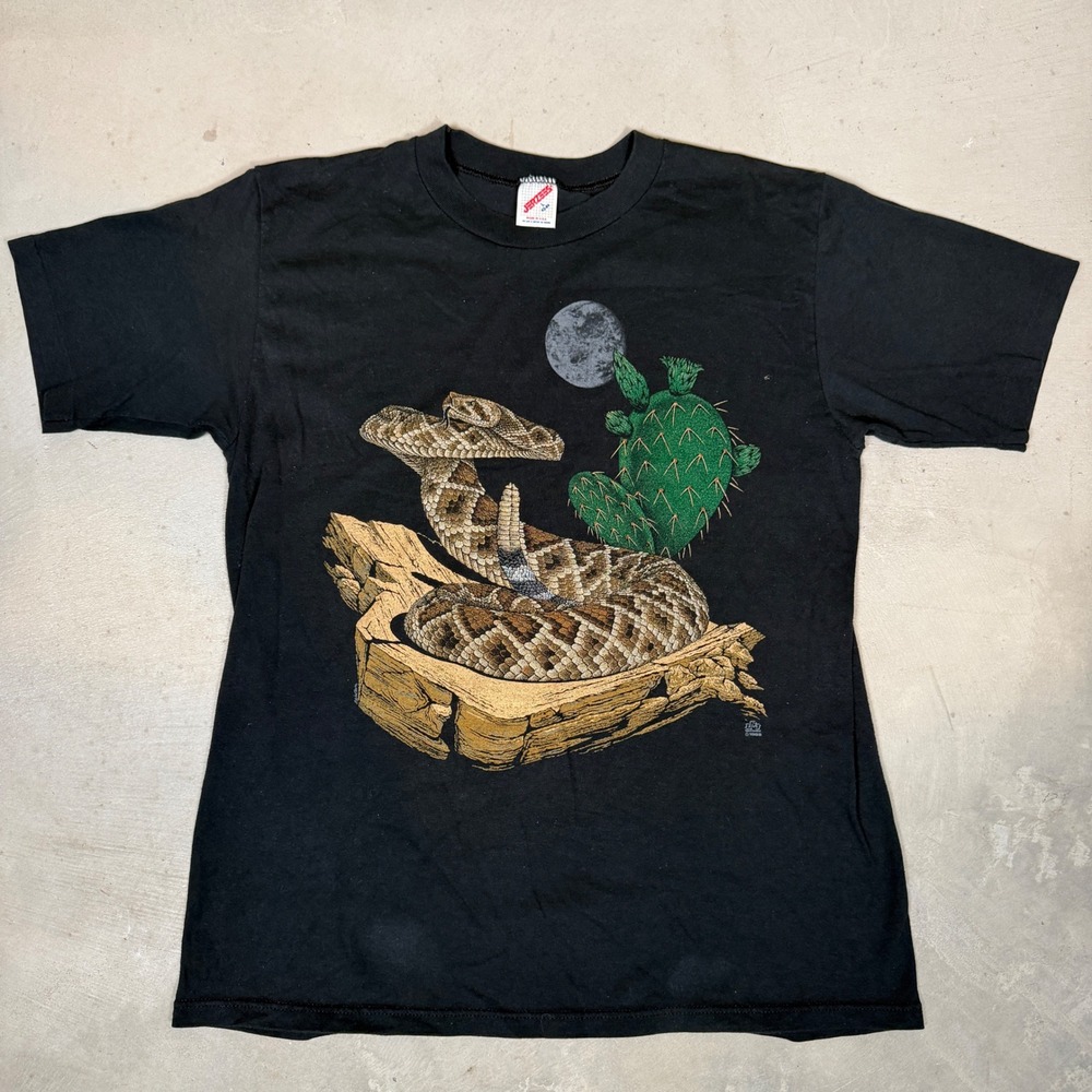 Vintage 1989 Jerzees Rattlesnake Desert Graphic T-Shirt Black Medium 80s USA